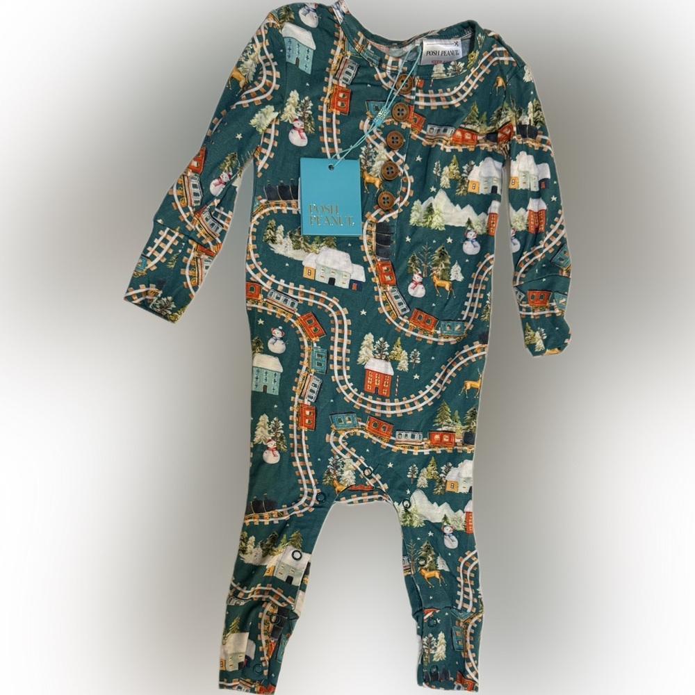 Posh Peanut Kids Train Adventure Pajama Romper Teal | Sz 9-12 months